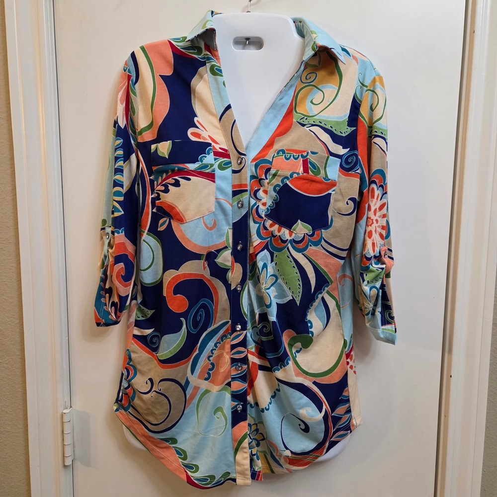 Venini Womens Small Paisley Floral 3/4 Sleeve Button Up Shirt Rhinestone Top